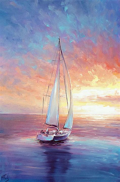 Sailing Art Original Painting Colorful Sunset Sea In 2020 Sailboat