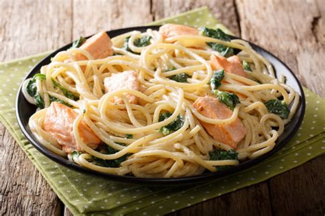 Spaghetti mit Lachs und Spinat in Sahnesoße Recette Spaghetti