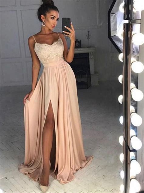 A Line Prom Dress Pink Spaghetti Straps Lace Long Prom Dressesevening