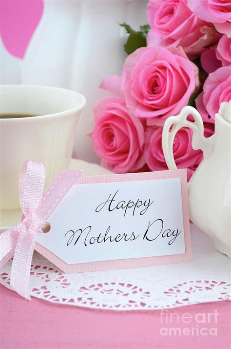 Happy Mothers Day Pink Roses And Tea Setting Photograph By Milleflore