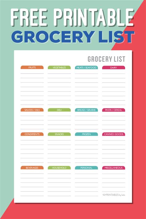 Free Printable Grocery List Shopping List Instant Download Template
