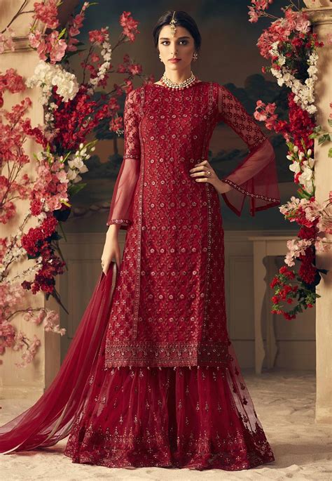 Embroidered Net Pakistani Suit In Maroon Kch2156
