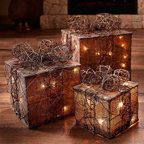 Johouse gift box, 8 inches large black gift box, with cover ribbon and lafite for wedding, halloween, christmas. Natural Burlap and Rattan Lighted Gift Boxes