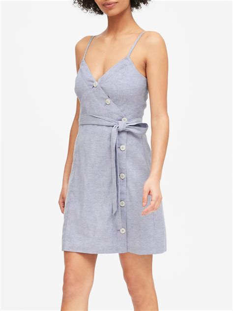 Petite Linen Cotton Button Front Mini Dress Dresses Womens Linen