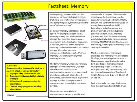 Computer Memory Factsheet Worksheet Ict Computing Starter Activity