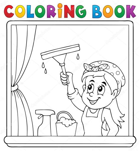Colorear Mujer Libro Limpieza Ventana — Archivo Imágenes Vectoriales