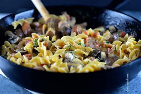 Pasta and smoked sausage are tossed in a delicious cheese sauce. Cheesy Mushroom Sausage Pasta Skillet Recipe - Add a Pinch