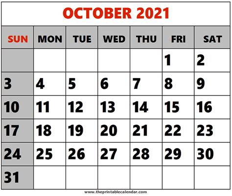 Printable Calendar October 2021 Free October 2021 Calendar Printable