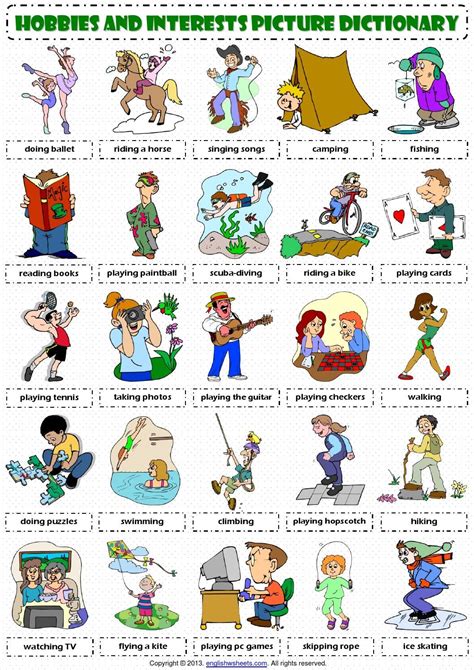 Hobbies And Interests Pictionary Poster Vocabulary Worksheet English