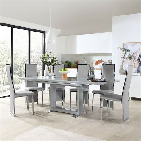 Tokyo Grey High Gloss Extending Dining Table With 8 Celeste Light Grey