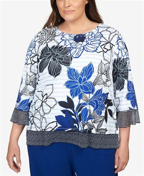 Alfred Dunner Plus Size Downtown Vibe Geo Trim Floral Stripe Top Macys