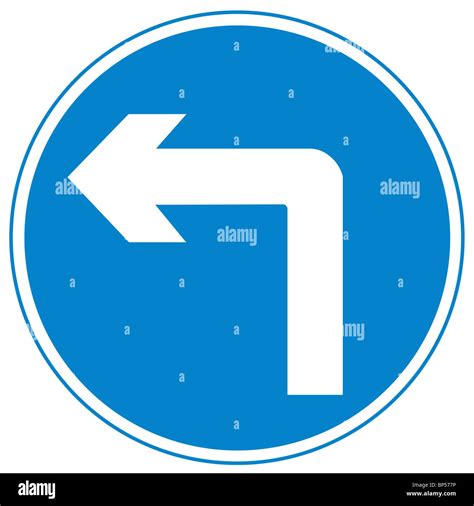 Uk Road Sign One Way Street At Left Turn Arrow Blue White Stock Photo