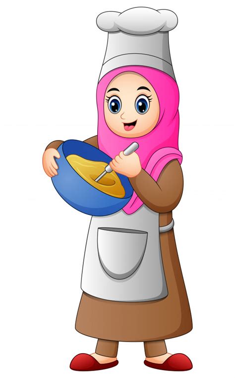 Arab girl in hijab preparing. Happy muslim girl cooking | Premium Vector