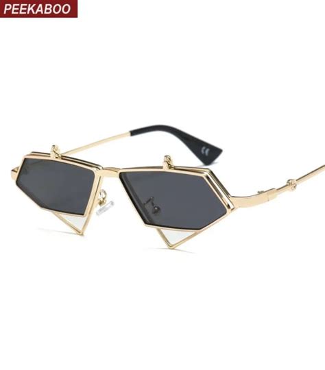 Peekaboo Gold Steampunk Flip Up Sunglasses Men Vintage Red Metal Frame Triangle Sun Glasses For