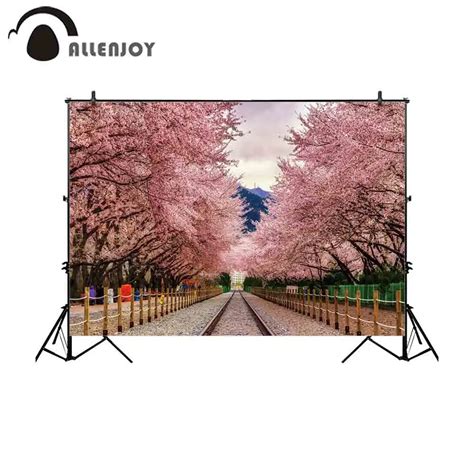 Allenjoy Backdrop For Photographic Studio Vintage Train Station Beautiful Cherry Blossom