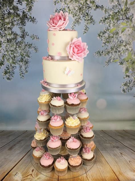 Roses And Butterflies Cupcake Tower With 2 Tier Cutting Cake Mels