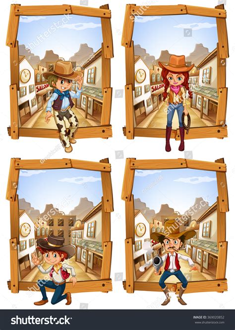 Four Scenes Cowboys Cowgirl Illustration Stock Vector Royalty Free