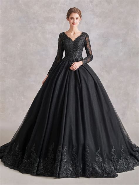 Black Wedding Gowns Long Sleeve Wedding Dress Lace Long Wedding