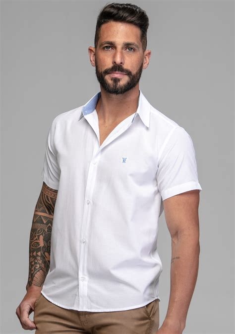 Camisa Masculina Social Slim Fit Manga Curta Alfajor Branca Elegance Camisas