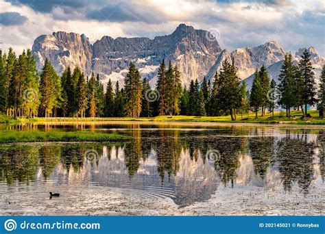 Landscape Mountain And Reflection Near Antorno Lake Dolomites Alps