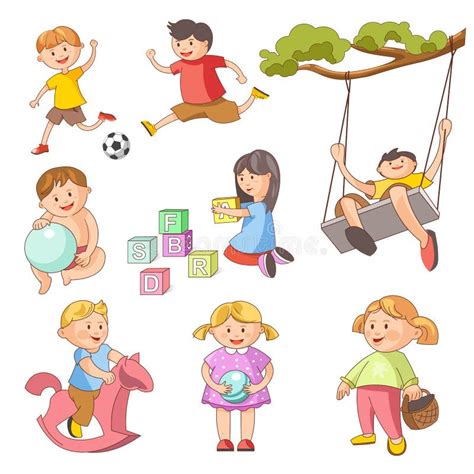 Children Little Boys Girls Playing Outdoor Games Vector Flat Icons Set
