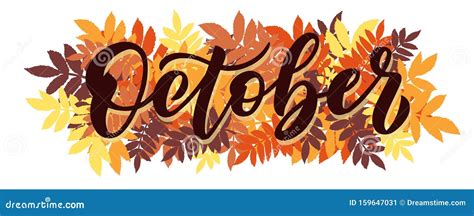 October Vector Script With Decorative Rowan Leaves Elements Hand