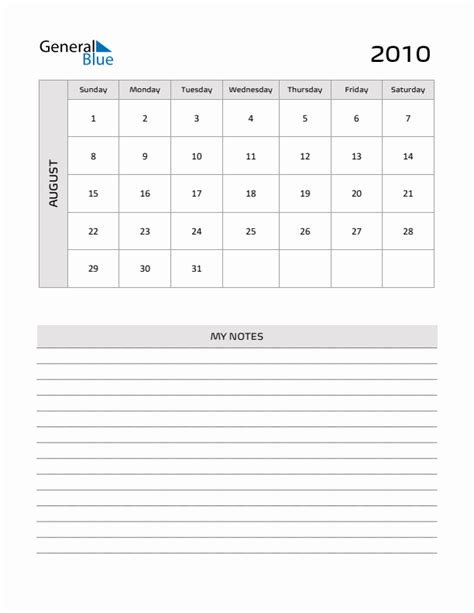 August 2010 Monthly Calendar Pdf Word Excel