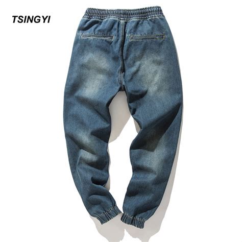 Discount Tsingyi Denim Stretch Elastic Waist Jeans Men Blue Cargo