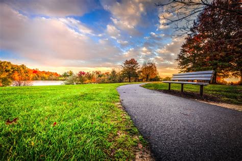 Sunset Bench Park Trees Clouds Grass Fall Nature Landscape