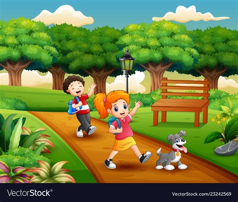 Cartoon Of Two Kids Playing In The Park Royalty Free Vector