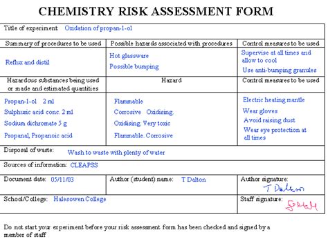 Completed Risk Assessment Form