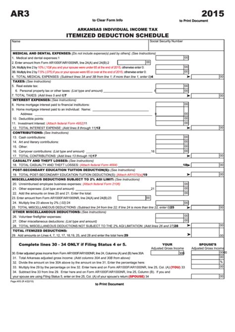 Some document may have the forms filled, you have to erase it manually. Fillable Form Ar3 - Itemized Deduction Schedule - Arkansas Individual Income Tax - 2015 ...