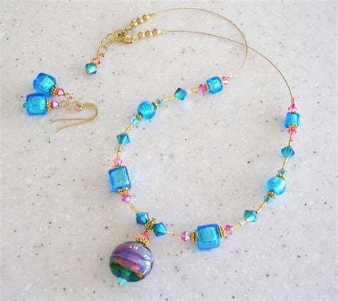 Lampwork Bead Necklace Set In Gold Turquoise Teal And Pink Etsy