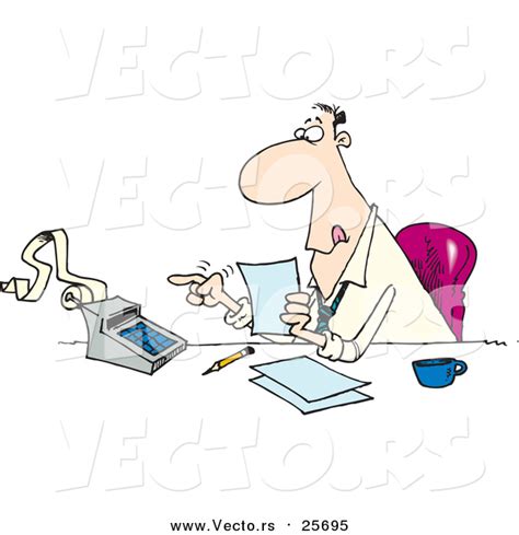 Cartoon Vector Of A Busy Accountant Using A Calculator At His Desk By