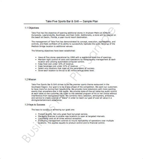 Bar And Grill Business Plan Template Template Walls