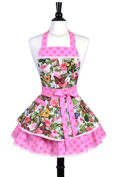 ruffled retro apron in a flirty pastel pink butterflies and polka dot print a womans vintage
