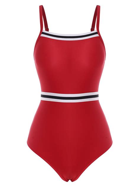 26 Off 2021 Striped Cutout High Rise One Piece Swimsuit In Red