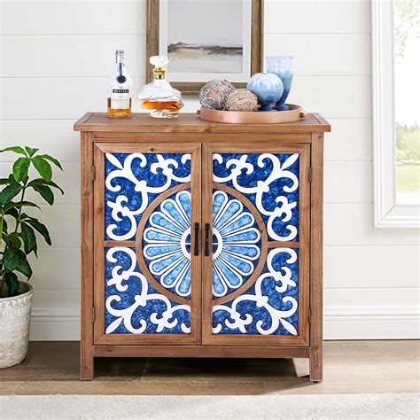 Sophia And William 2 Door Rustic Accent Cabinet With Blue And White Porc