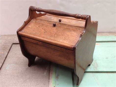 Adorable Vintage Sewing Storage Box In Wood With Round Bottom For Sale