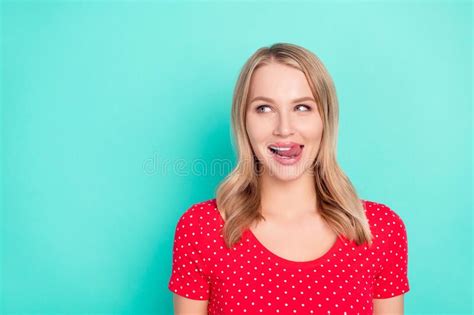 Photo Portrait Blonde Woman Licking Lips Looking Blank Space Dotted Red T Shirt Isolated Vibrant