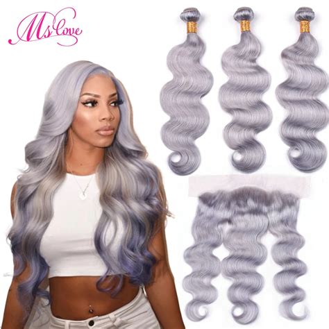 Ms Love Grey Bundles With Frontal Closure 13x4 Body Wave Grey Human Hair Bundles With Closure