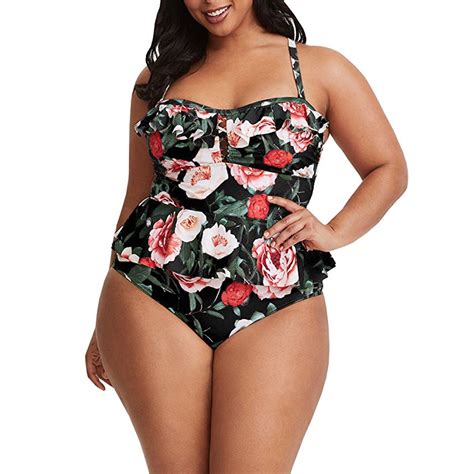 Misassy Womens Plus Size Swimwear Floral Print Ruffle Peplum 2 Piece Swimsuits Straps Backless