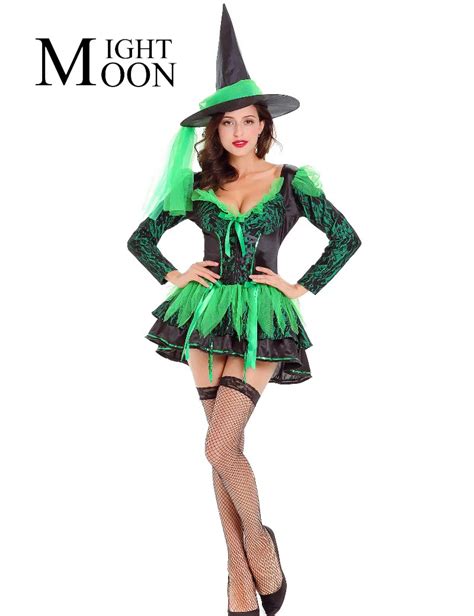 moonight black witch hat women carnival party costume halloween sexy witch costume green dress