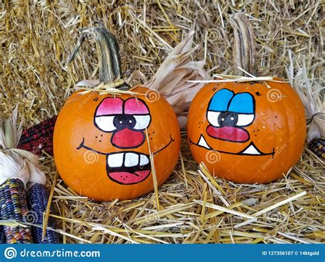 Funny Faces Painted On Orange Pumpkins Stock Image Image Of Indian