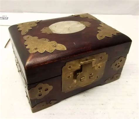 Vtg Chinese Wood Jewelry Trinket Box Lacquer Brass Ornate Carved Jade