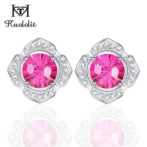 Kuololit Natural Pink Topaz Stud Earrings For Women Gemstone Solid 925