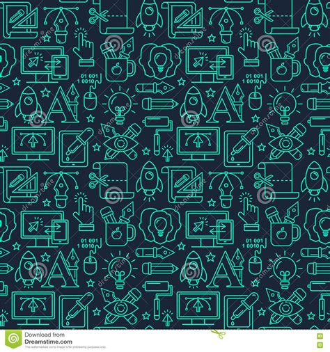 Graphic Designer Profession Seamless Pattern With Turquoise Linear