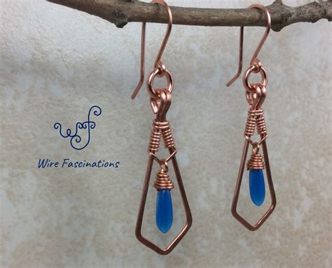 Handmade Copper Earrings Framed Wire Wrapped Dangling Blue Glass