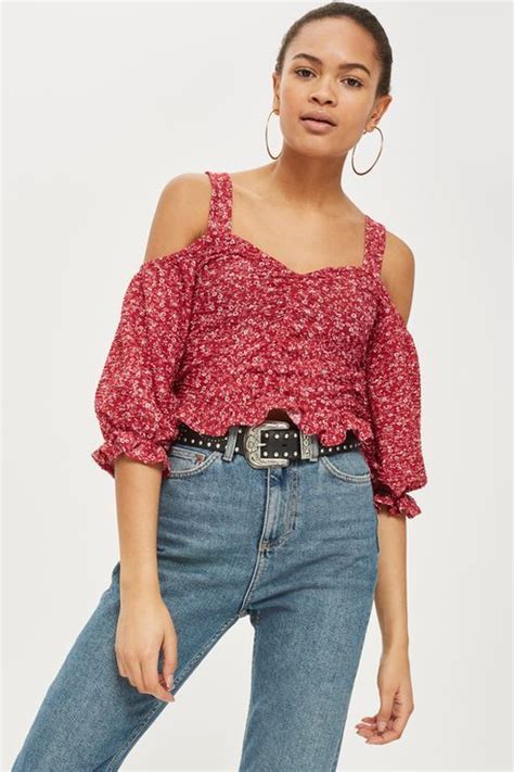 Ditsy Ruched Cold Shoulder Top Topshop Outfit Minimalist Capsule