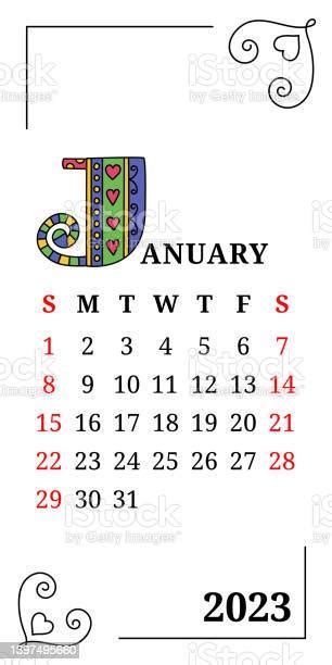 January Calendar 2023 Lettering Week Starts On Sunday English Template